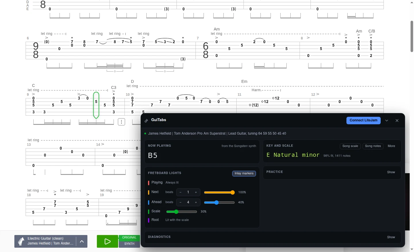 Songsterr while playing: the GuiTabs panel shows the note being played, the key and scale it detected (E natural minor), and how many beats ahead the fretboard lights up.