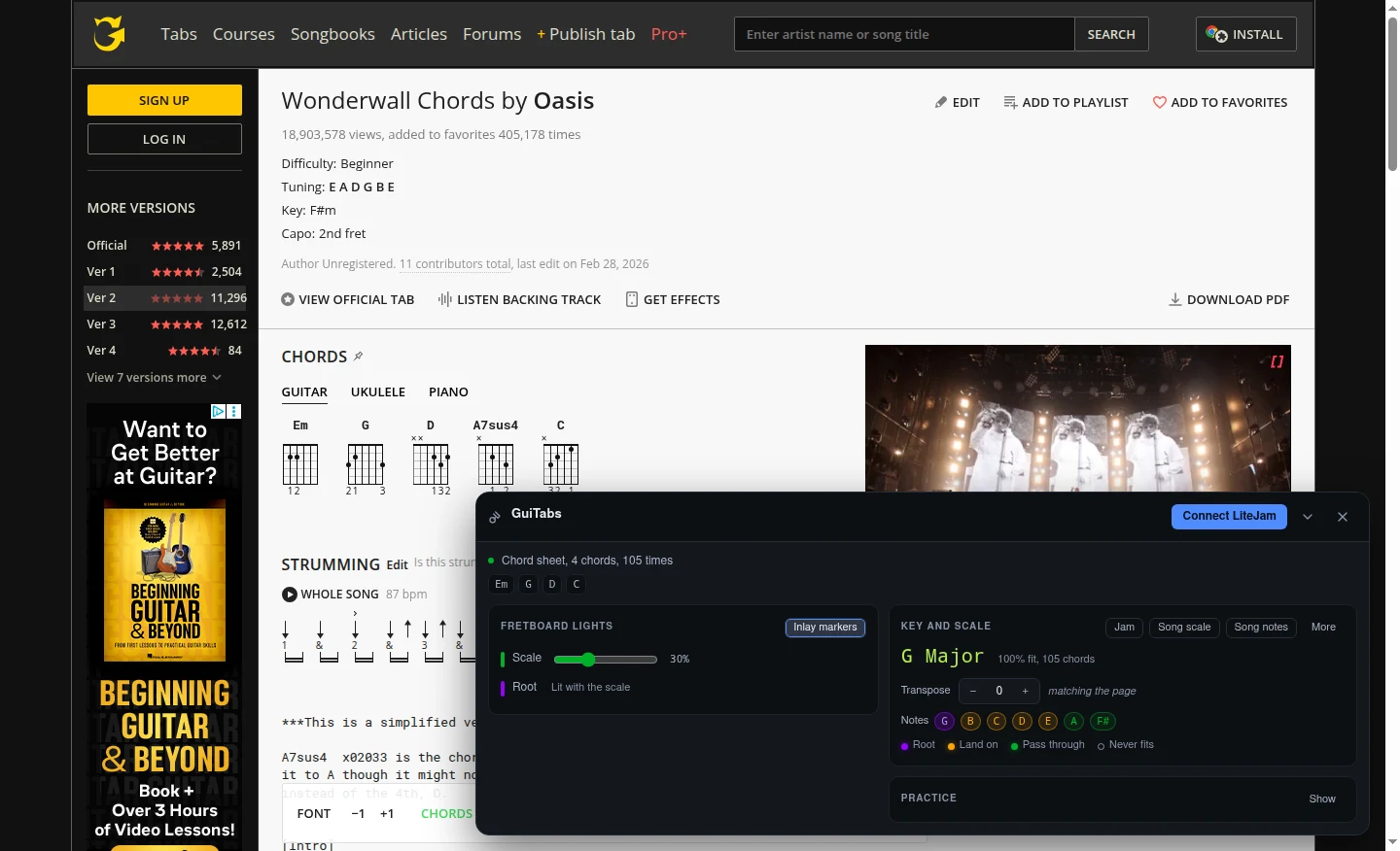 An Ultimate Guitar chord sheet: GuiTabs reads the chords, finds the key (G major) and lights the scale notes, with transpose and a Jam mode.