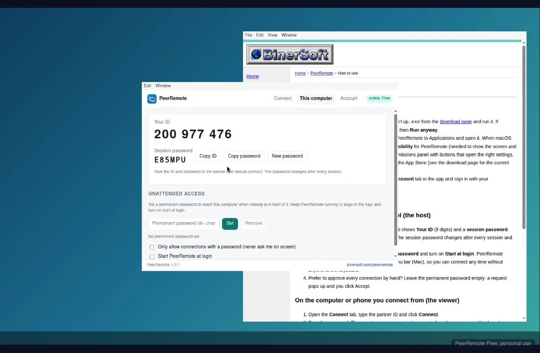 A live session: this computer is controlling another one over a direct peer-to-peer connection. The toolbar hides itself while you work.